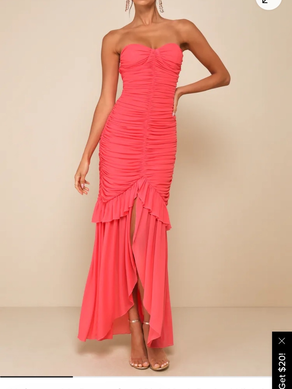 NWT Unforgettable Beauty Coral Pink Mesh Ruched High-Low Maxi Dress, size Small
